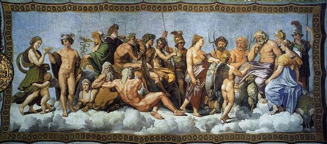 "Il Consiglio degli Dei, Psiche ricevuta nell'Olimpo", affresco di Raffaello Sanzio a Roma, Villa Farnesina, Loggia di Psiche