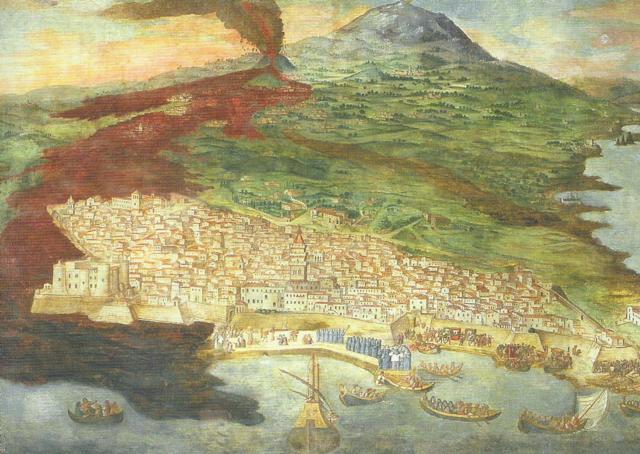 L'eruzione del 1669 in uno storico affresco di Giacinto Platania: sulla sinistra, il castello Ursino circondato dalla lava L'eruzione del 1669 in uno storico affresco di Giacinto Platania: sulla sinistra, il castello Ursino circondato dalla lava