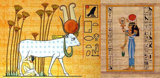 Hathor era per gli antichi egizi la dea della gioia, dell'amore, della maternità e della bellezza. Era comunemente raffigurata come una vacca con il disco solare, provvisto di ureo, fra le corna.