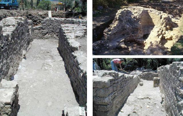 Nella foto da dx: veduta del "corridoio" da Nord; (sx sotto) veduta del "corridoio" da Sud; (sx sopra) angolo nord-est dell'edificio absidato
