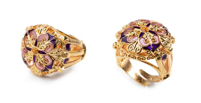 Anello "Balconi di Sicilia" - rosone tondo viola/viola - argento 925, placcato oro e smalti