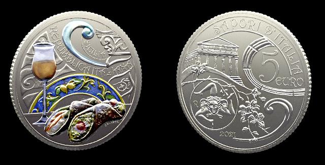 La moneta da 5 Euro che omaggia il Cannolo e il Passito siciliani