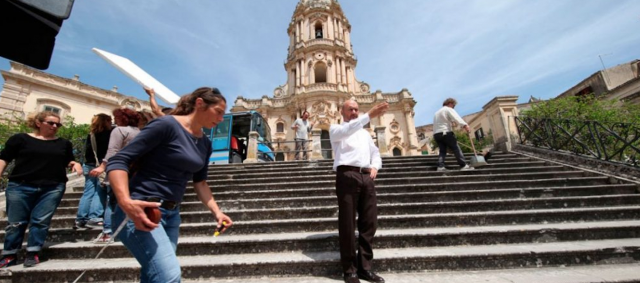 Riprese del commissario Montalbano nella scalinata del Duomo di San Giorgio, a Modica