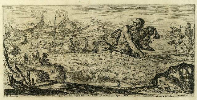 Polifemo che insegue la flotta di Enea - Acquaforte di Giuseppe Maria Mitelli (1663)
