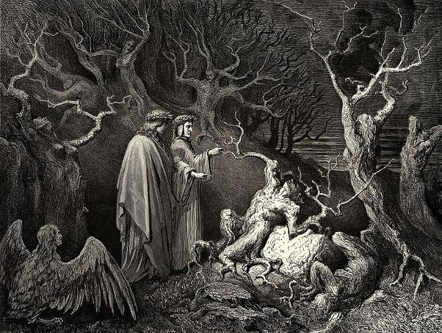 Dante e Virgilio incontrano Pier della Vigna nella Selva dei Suicidi nel XIII Canto dell'Inferno. Illustrazione di Gustave Doré Dante e Virgilio incontrano Pier della Vigna nella Selva dei Suicidi nel XIII Canto dell'Inferno. Illustrazione di Gustave Doré