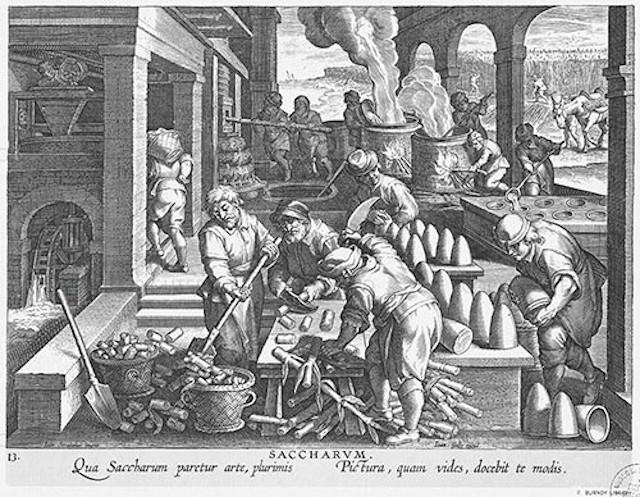 Una stampa del 1596 che mostra un tipico "trappeto" siciliano" per la lavorazione della canna da zucchero