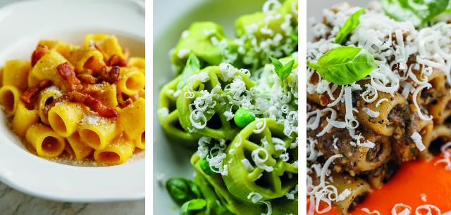 Tre ricette della Chef Sarah Cicolini. Da sinistra: "Mezze maniche alla Carbonara", "Ruote piselli e caprino", "Ziti con pesto di melanzane e datterini" - ph © Giunti