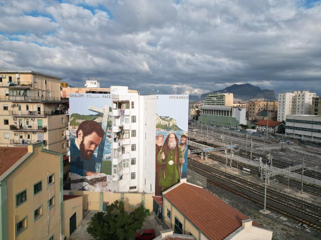 Inaugurato a Palermo ''Il dittico dell'accoglienza'' raffigurante Biagio Conte