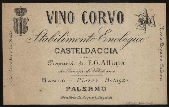 Cartolina pubblicitaria della ditta Vino Corvo Casteldaccia prop. Alliata del 1894