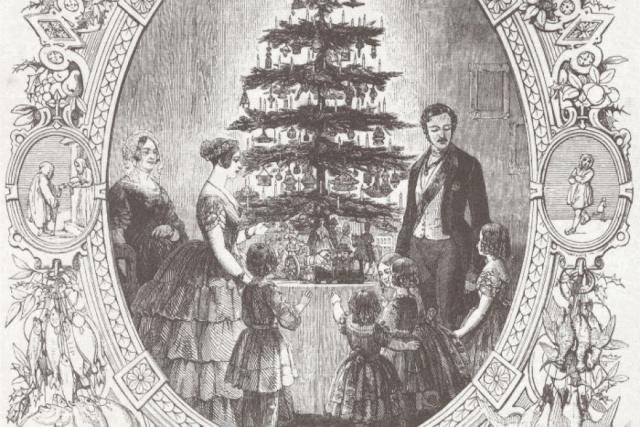 Incisione di epoca vittoriana con famiglia attorno all'albero di Natale