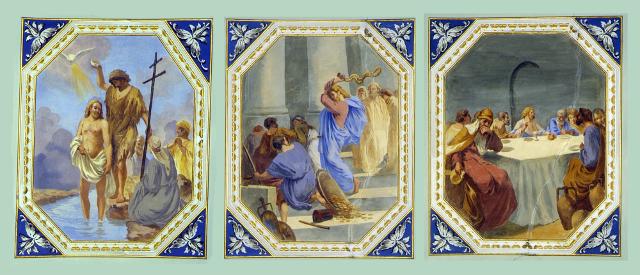 Affreschi della Cattedrale di Nicosia (EN), Onofrio Tomaselli (1906). Da sinistra: "Battesimo di Gesù Cristo", "Gesù caccia i mercanti dal tempio", "L'ultima cena"